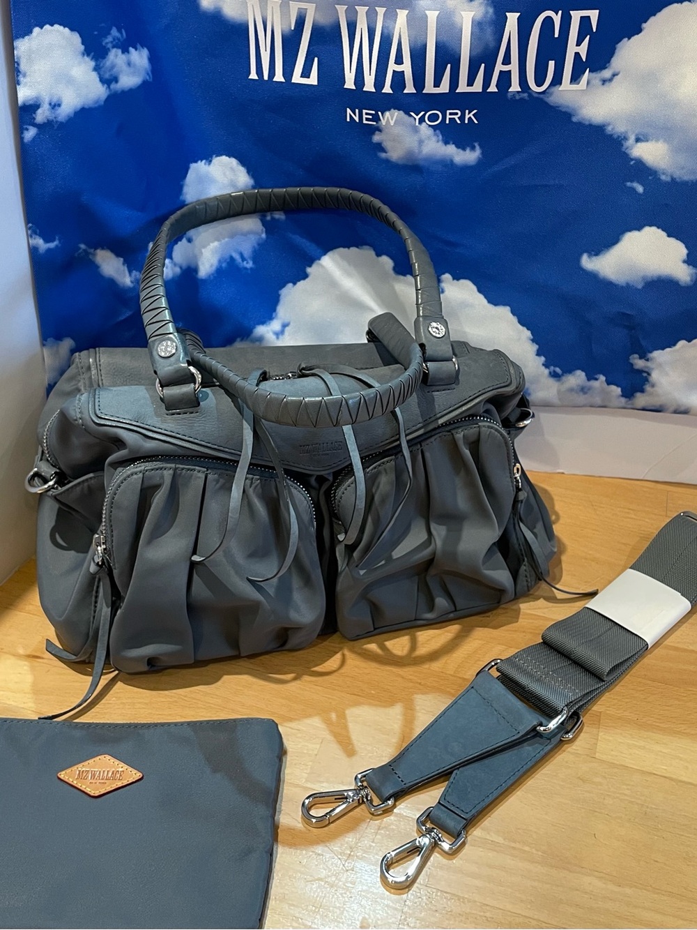 MZ Wallace women’s Ocean nylon handbag, leather wrapped handles.